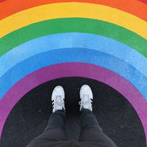Preview wallpaper legs, rainbow, sneakers, colorful, asphalt