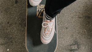 Preview wallpaper legs, skateboard, sneakers, asphalt