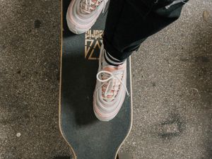 Preview wallpaper legs, skateboard, sneakers, asphalt