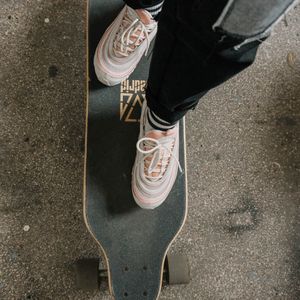 Preview wallpaper legs, skateboard, sneakers, asphalt