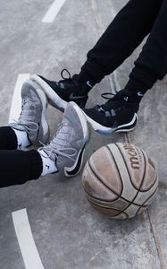 Preview wallpaper legs, sneakers, basketball, ball, sport