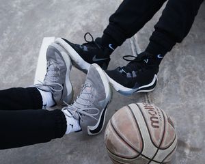 Preview wallpaper legs, sneakers, basketball, ball, sport