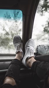 Preview wallpaper legs, sneakers, car, glass, rain