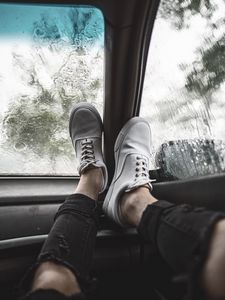 Preview wallpaper legs, sneakers, car, glass, rain