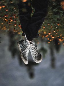 Preview wallpaper legs, sneakers, field, flowers, blur