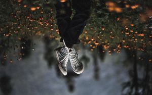 Preview wallpaper legs, sneakers, field, flowers, blur