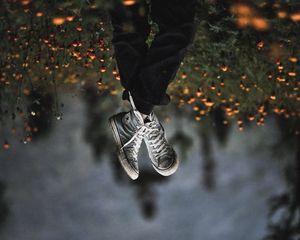 Preview wallpaper legs, sneakers, field, flowers, blur