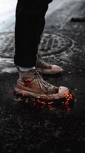 Preview wallpaper legs, sneakers, fire, asphalt, snow