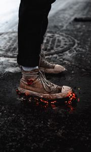 Preview wallpaper legs, sneakers, fire, asphalt, snow