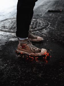 Preview wallpaper legs, sneakers, fire, asphalt, snow
