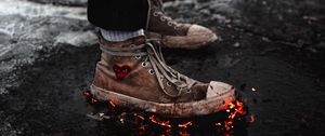 Preview wallpaper legs, sneakers, fire, asphalt, snow