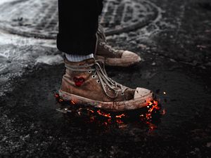 Preview wallpaper legs, sneakers, fire, asphalt, snow