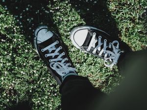 Preview wallpaper legs, sneakers, grass, flowers