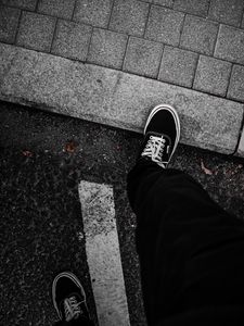 Preview wallpaper legs, sneakers, man, asphalt