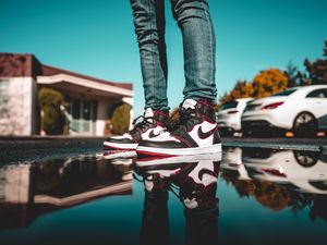 Preview wallpaper legs, sneakers, puddle, reflection