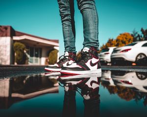 Preview wallpaper legs, sneakers, puddle, reflection
