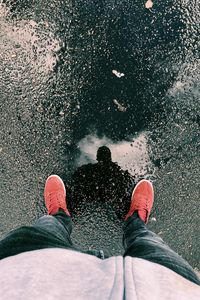 Preview wallpaper legs, sneakers, reflection, asphalt