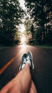 Preview wallpaper legs, sneakers, road, marking, trees