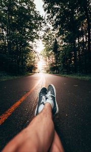 Preview wallpaper legs, sneakers, road, marking, trees