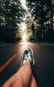 Preview wallpaper legs, sneakers, road, marking, trees