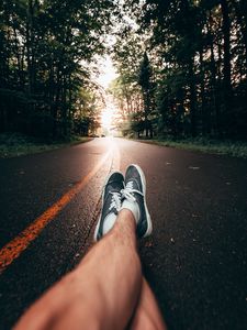 Preview wallpaper legs, sneakers, road, marking, trees