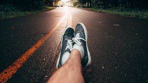 Preview wallpaper legs, sneakers, road, marking, trees