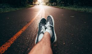 Preview wallpaper legs, sneakers, road, marking, trees