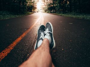 Preview wallpaper legs, sneakers, road, marking, trees