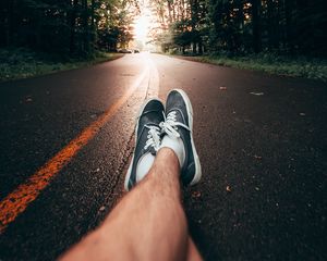 Preview wallpaper legs, sneakers, road, marking, trees