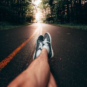 Preview wallpaper legs, sneakers, road, marking, trees