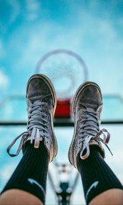 Preview wallpaper legs, sneakers, shoes, sky, basketball hoop