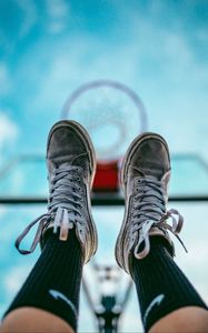 Preview wallpaper legs, sneakers, shoes, sky, basketball hoop