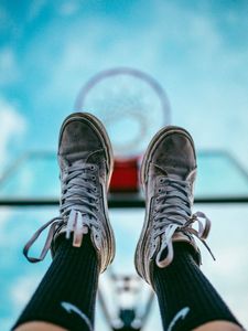 Preview wallpaper legs, sneakers, shoes, sky, basketball hoop