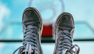 Preview wallpaper legs, sneakers, shoes, sky, basketball hoop