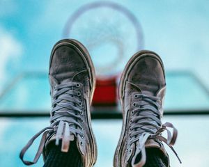 Preview wallpaper legs, sneakers, shoes, sky, basketball hoop