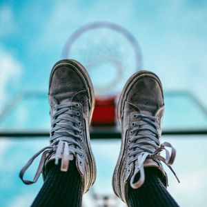 Preview wallpaper legs, sneakers, shoes, sky, basketball hoop