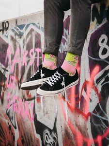 Preview wallpaper legs, sneakers, socks, style, graffiti