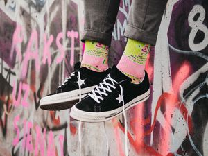 Preview wallpaper legs, sneakers, socks, style, graffiti