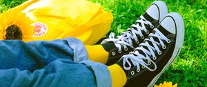 Preview wallpaper legs, sneakers, summer, grass, yellow, flower