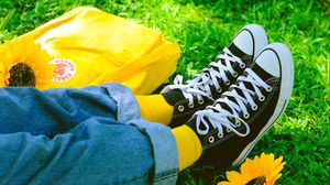 Preview wallpaper legs, sneakers, summer, grass, yellow, flower
