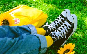 Preview wallpaper legs, sneakers, summer, grass, yellow, flower