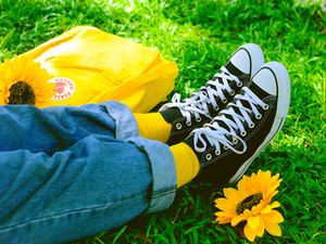 Preview wallpaper legs, sneakers, summer, grass, yellow, flower