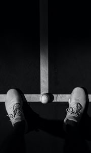 Preview wallpaper legs, sneakers, tennis ball, bw