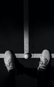 Preview wallpaper legs, sneakers, tennis ball, bw