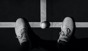 Preview wallpaper legs, sneakers, tennis ball, bw