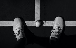 Preview wallpaper legs, sneakers, tennis ball, bw