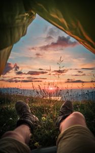 Preview wallpaper legs, tent, camping, rest, dawn