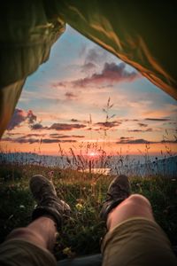 Preview wallpaper legs, tent, camping, rest, dawn