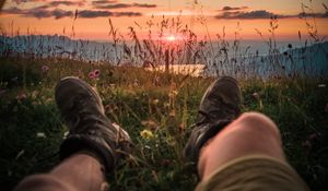 Preview wallpaper legs, tent, camping, rest, dawn