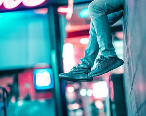 Preview wallpaper legs, wall, sneakers, neon, lights, blur